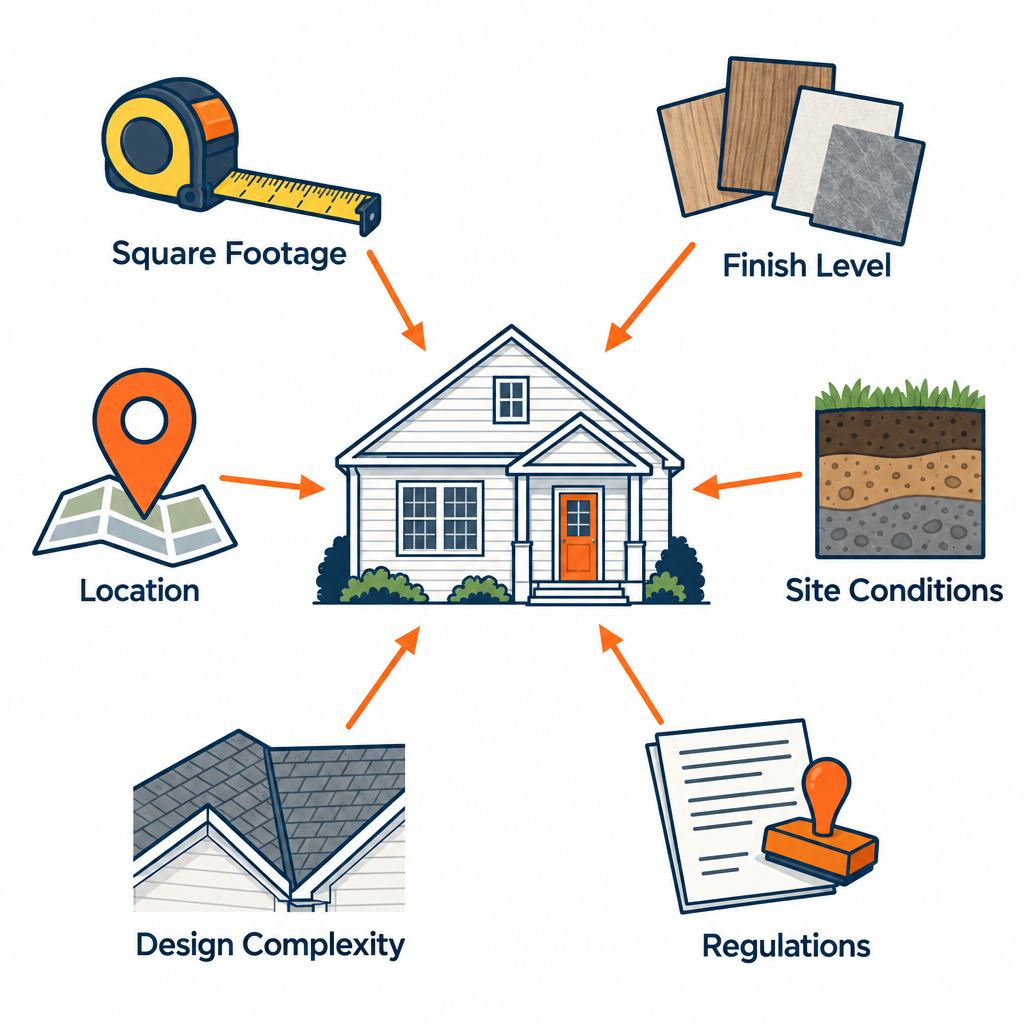 Labelled diagram of the seven factors that drive new home construction costs