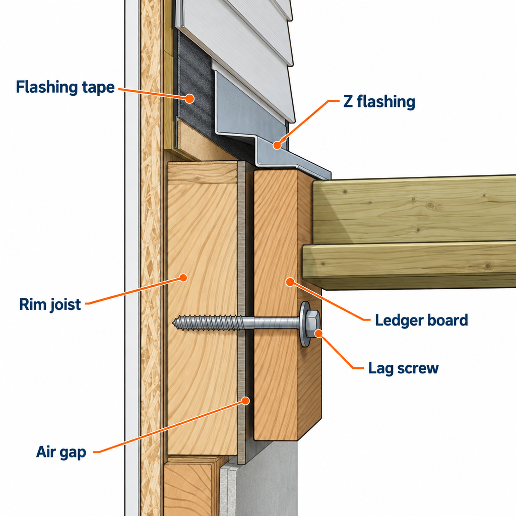 Labelled diagram of correct ledger flashing layers and components