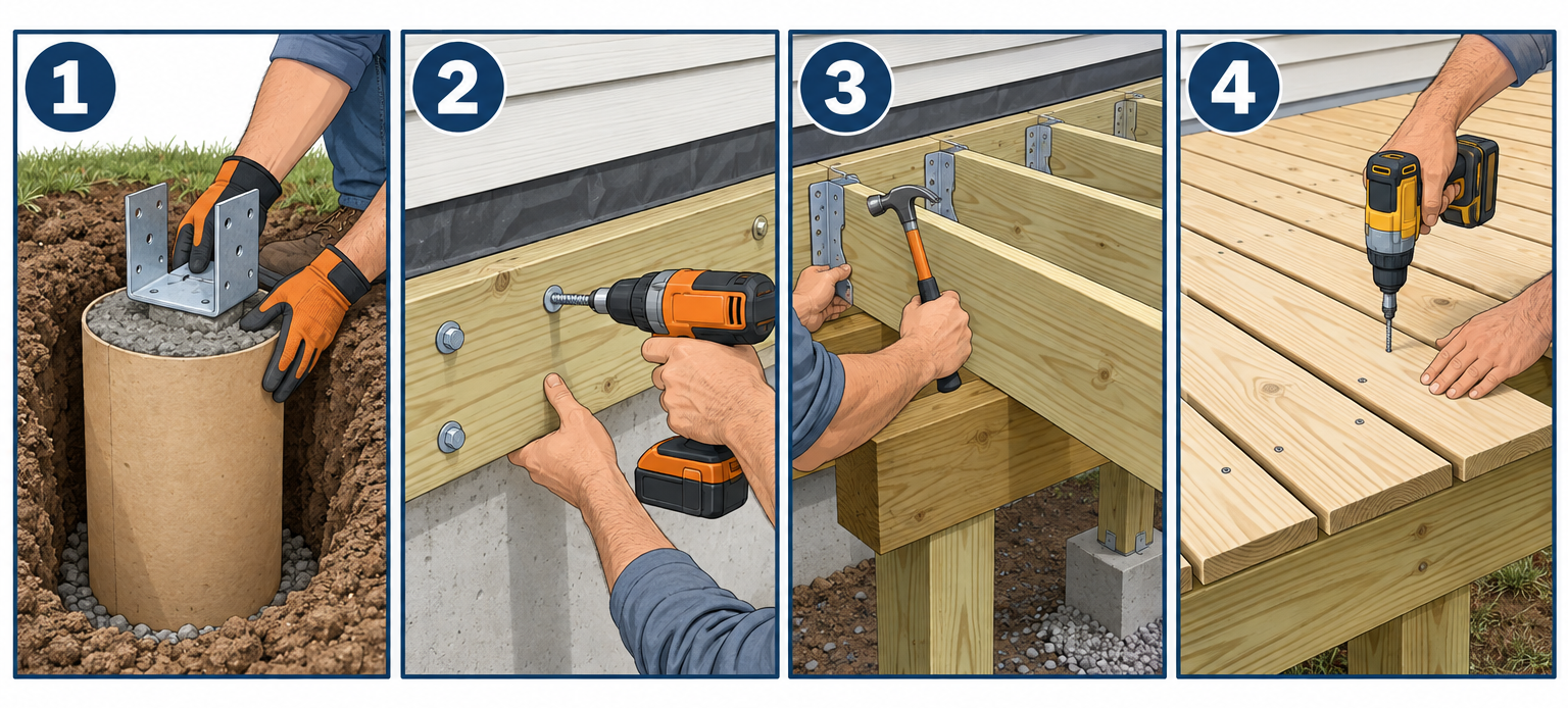 Building a deck in four key steps: footings, ledger, framing, and decking