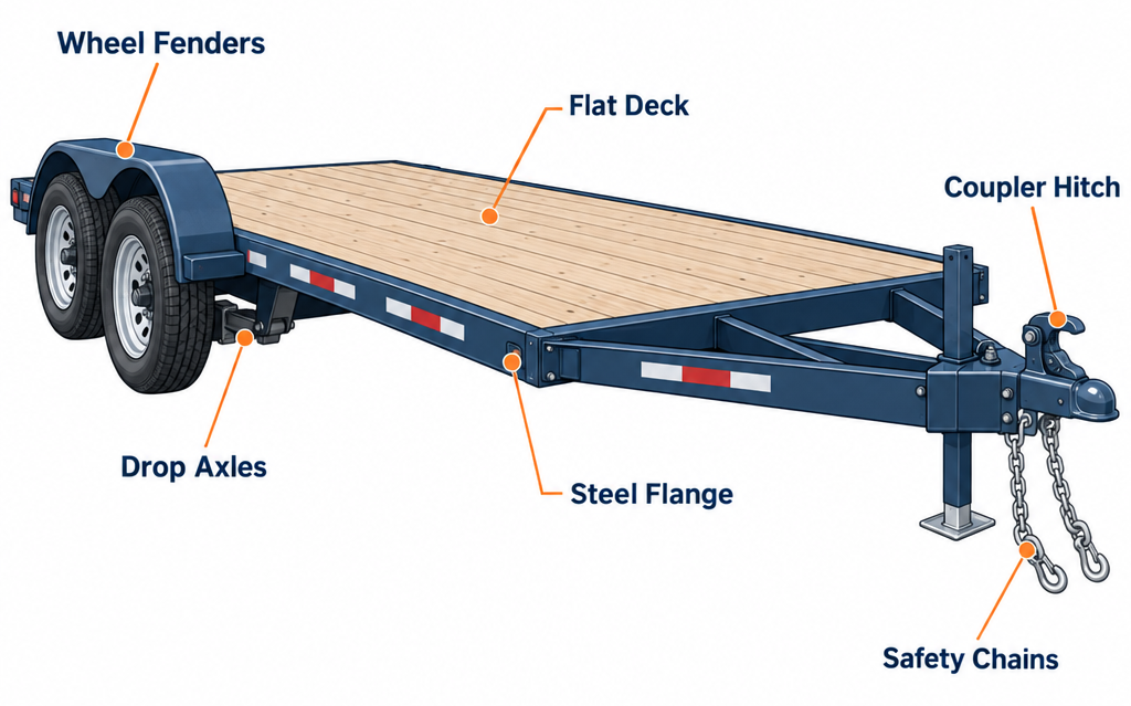 Labelled diagram of a tiny-house trailer showing key structural parts