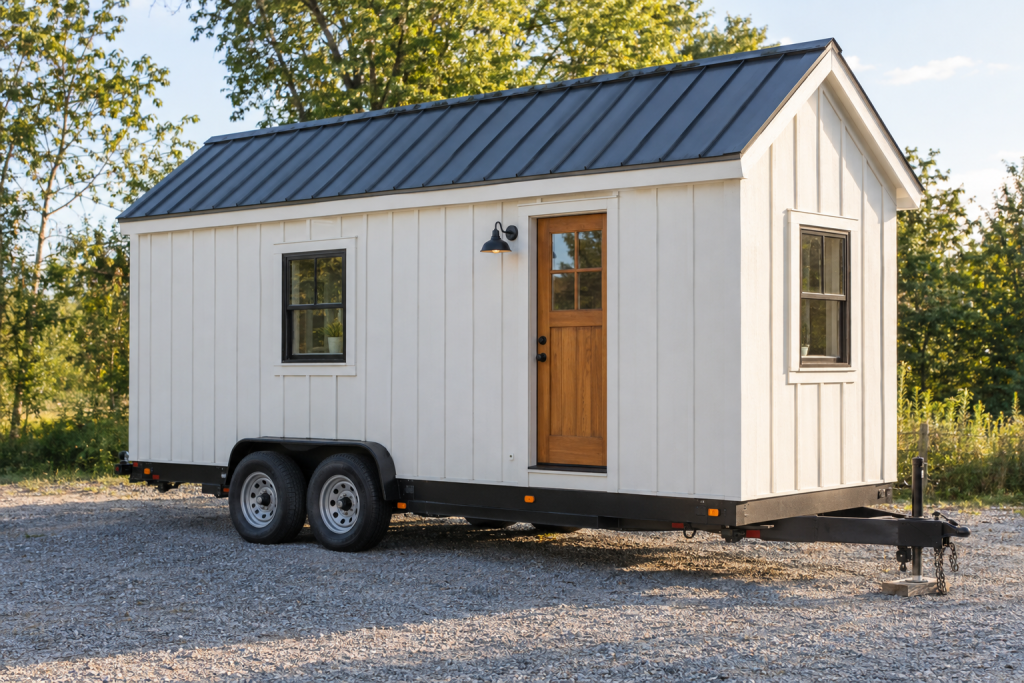 Completed DIY tiny home on wheels parked on a sunny gravel lot