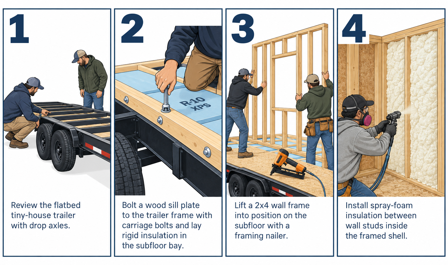 Building a tiny home on wheels in four key steps: trailer prep, subfloor, wall framing, and interior finishing