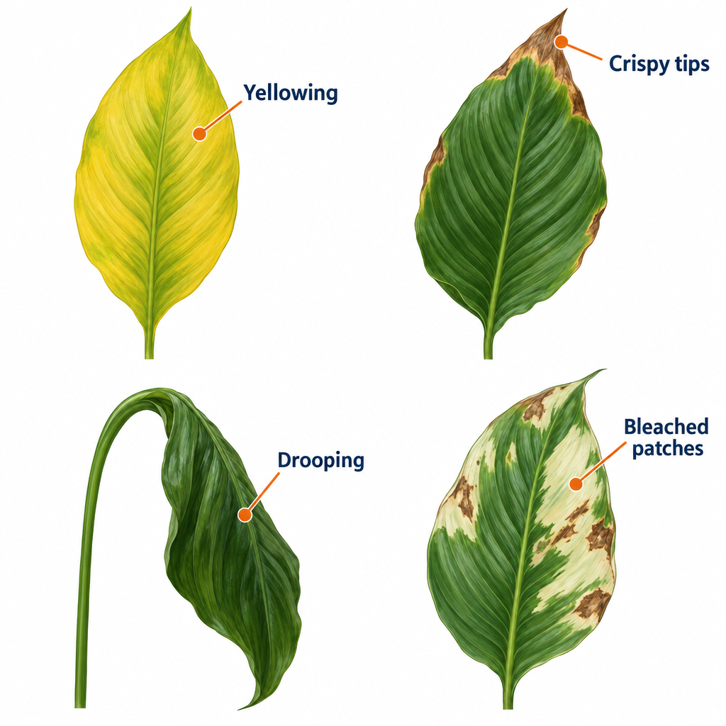 Peace lily leaf problems diagram: yellow leaves, brown tips, drooping and scorched patches labelled