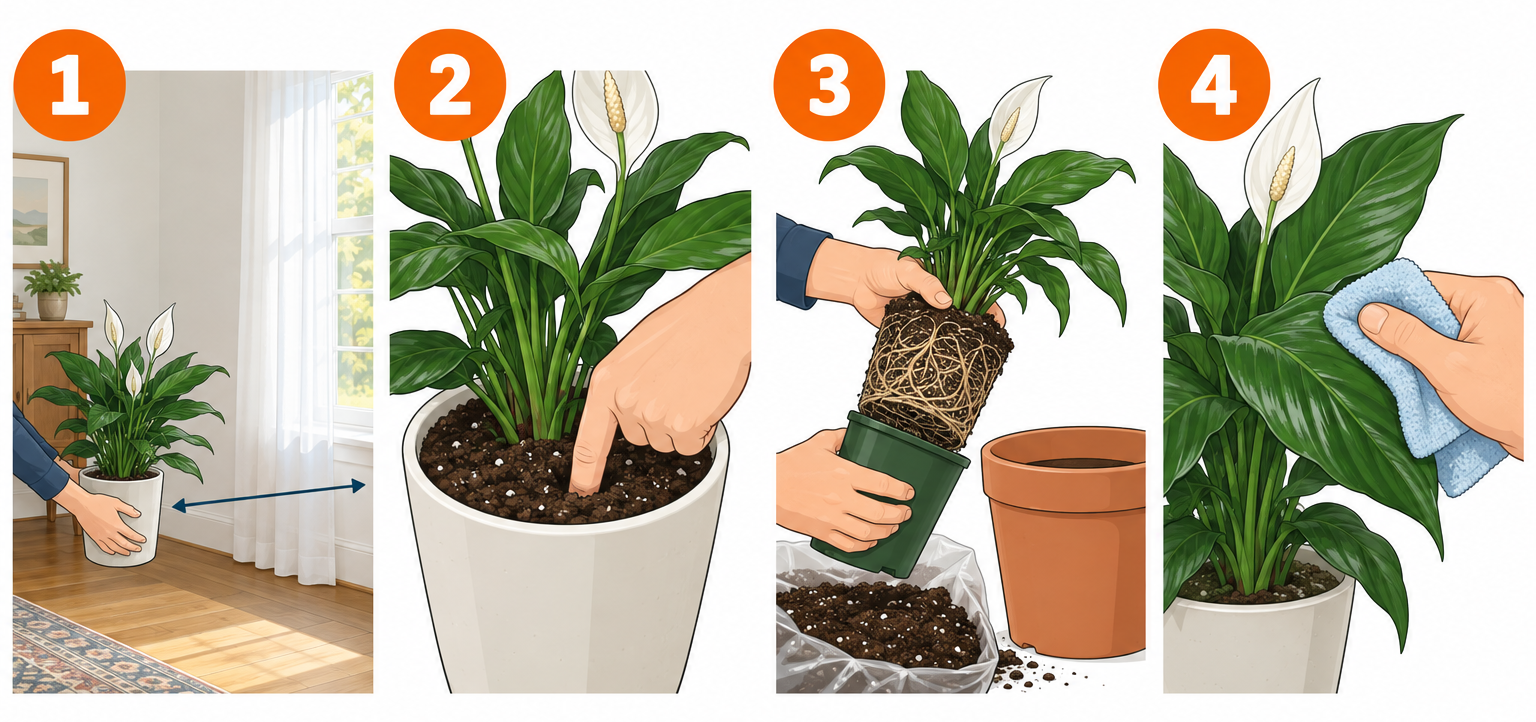 Peace lily care in four steps: placing, watering, repotting and wiping leaves