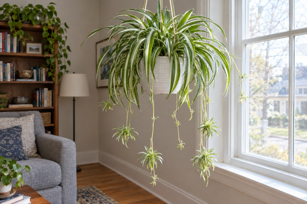 Healthy spider plant in a hanging basket by a bright window in a home living room
