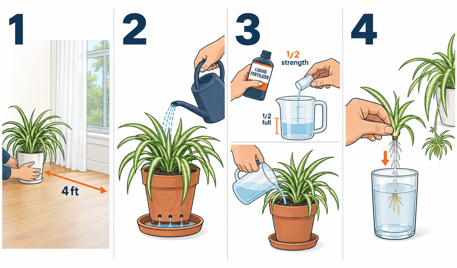 Caring for a spider plant in four steps: light placement, watering, feeding, and propagating spiderettes