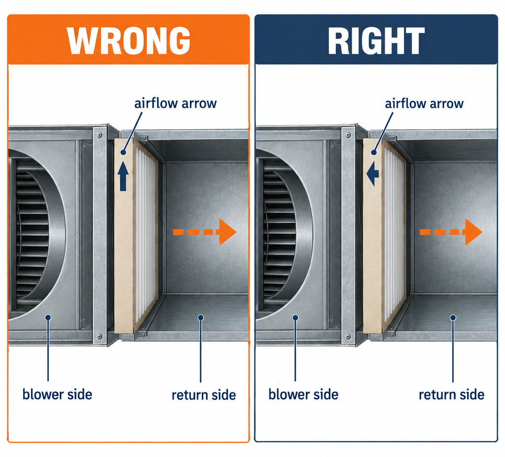 Right vs wrong AC filter installation showing correct arrow direction toward blower versus backward installation