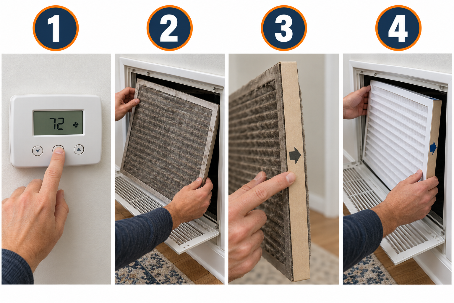 How to change an AC filter in four steps: turn off, remove old filter, check arrow, install new filter