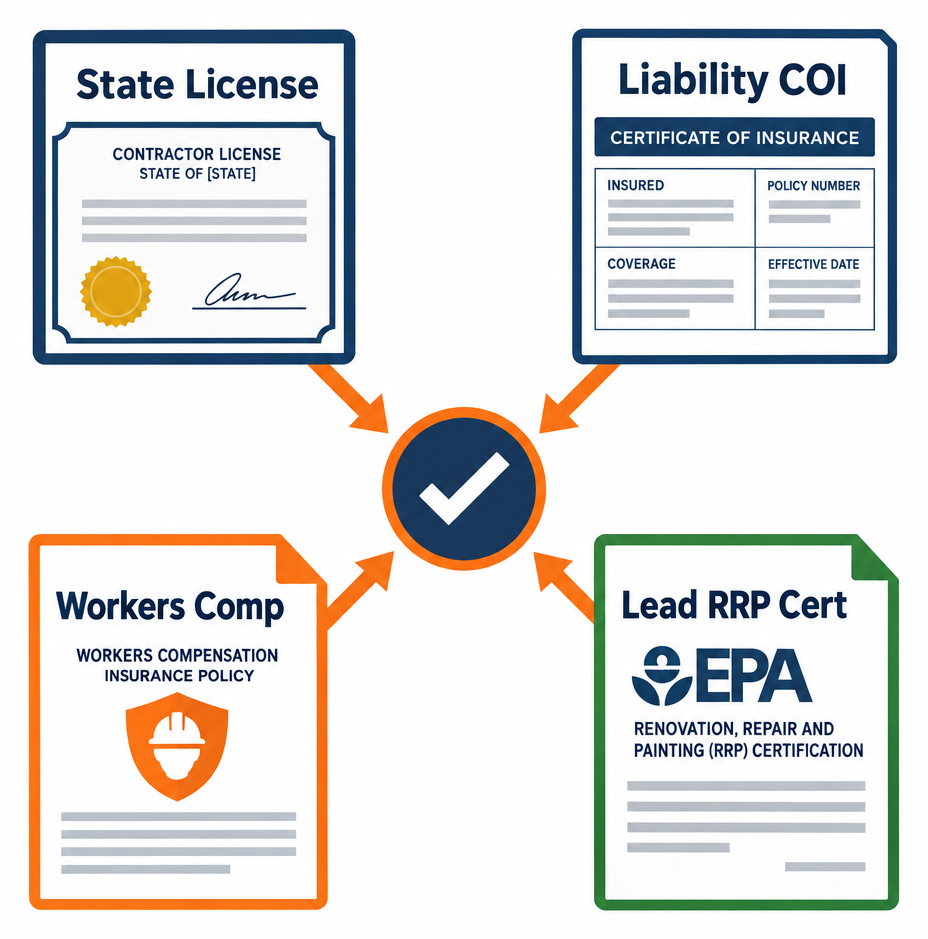 Contractor verification checklist diagram showing state license, general liability COI, workers comp, and EPA Lead RRP certificate