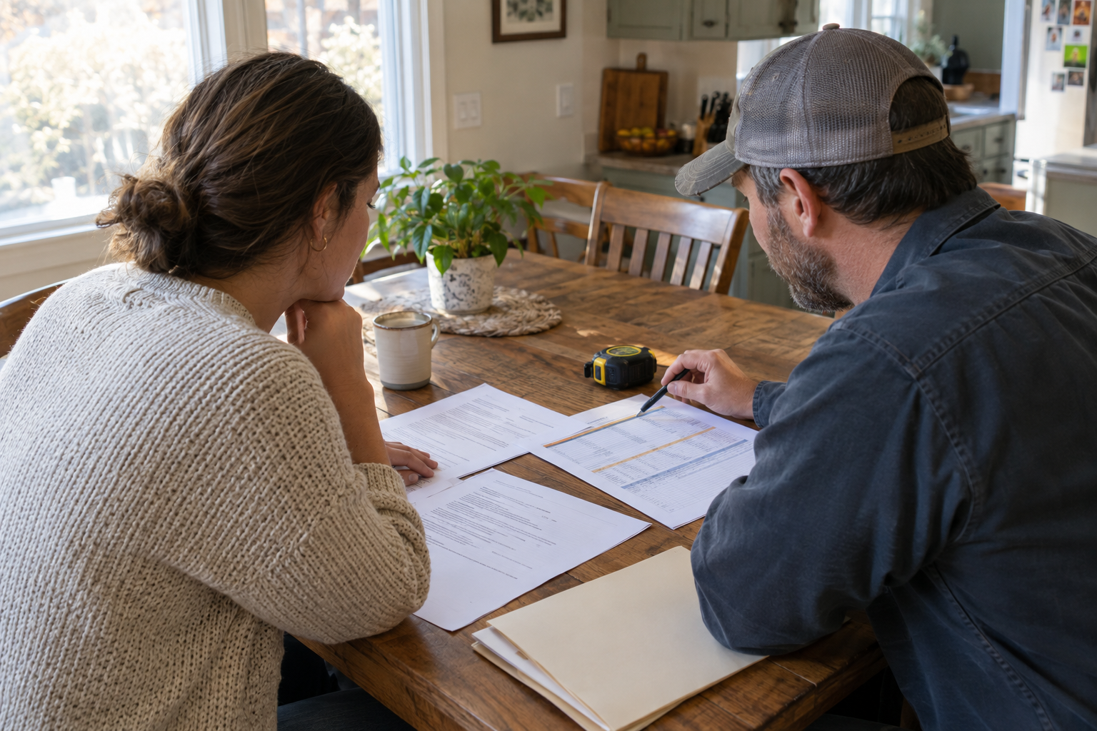 Homeowner and remodeling contractor reviewing contract documents at a kitchen table in a bright, lived-in home