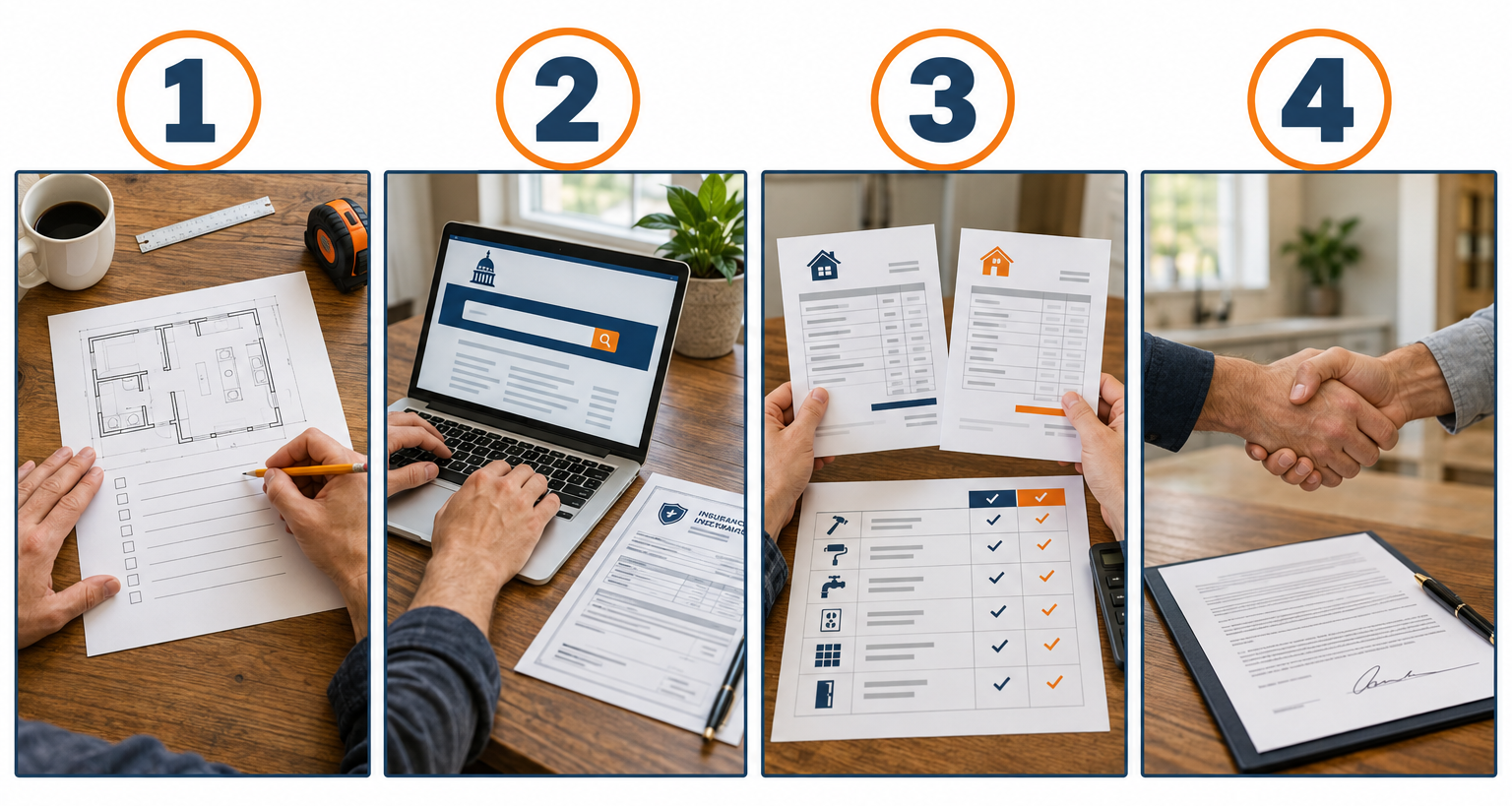 Four key steps to hiring a remodeling contractor: write scope, verify license, compare bids, sign contract