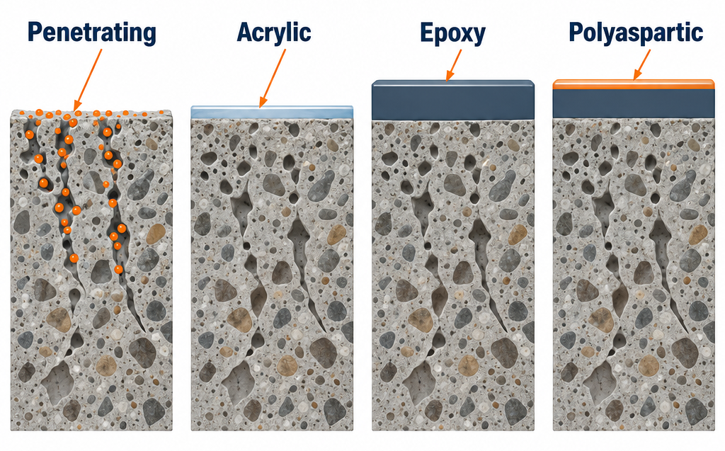 Concrete sealer types comparison diagram: penetrating, acrylic, epoxy, and polyaspartic layers