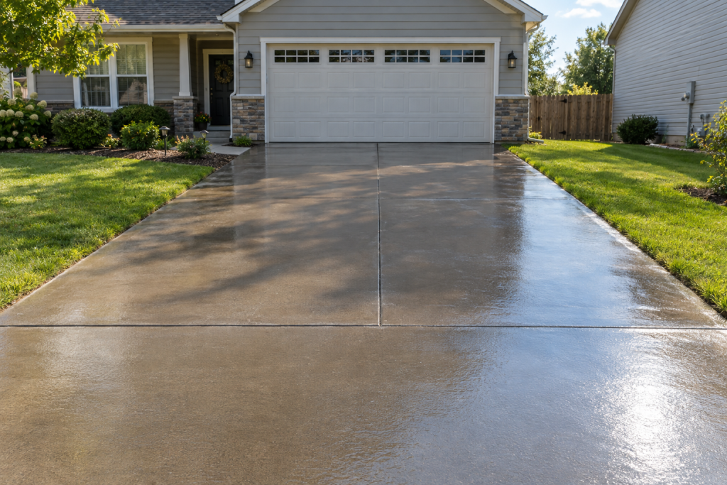 Freshly sealed concrete driveway with a wet-look finish in a suburban home