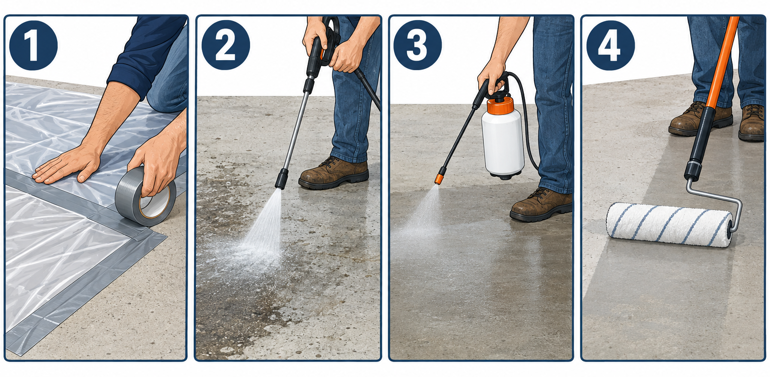 How to seal a concrete slab in four steps: test moisture, pressure wash, apply first coat, apply second coat