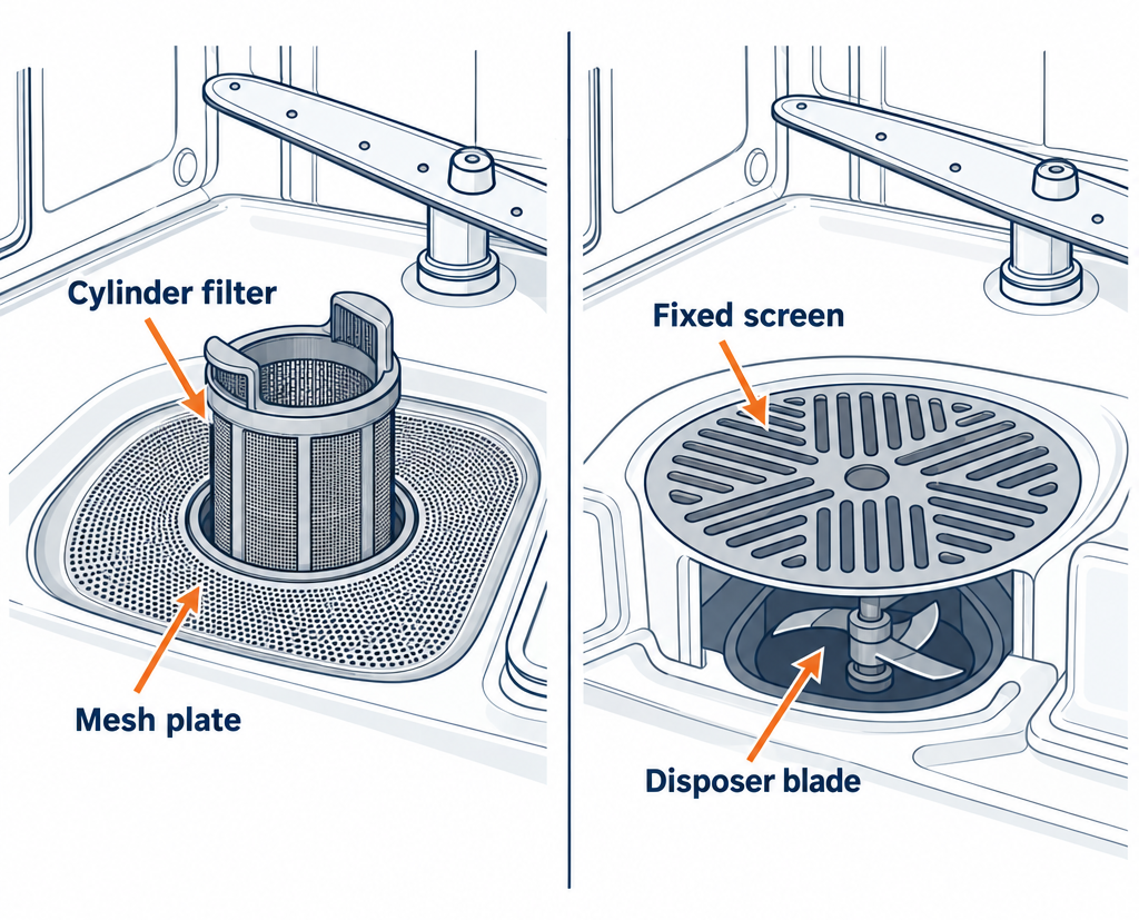 Manual-clean filter versus self-cleaning hard food disposer dishwasher filter types side by side