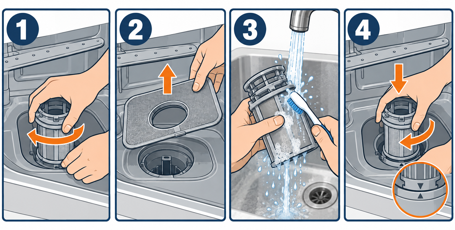 Cleaning a dishwasher filter in four steps: twist out cylinder, lift mesh plate, scrub with brush, reassemble and lock