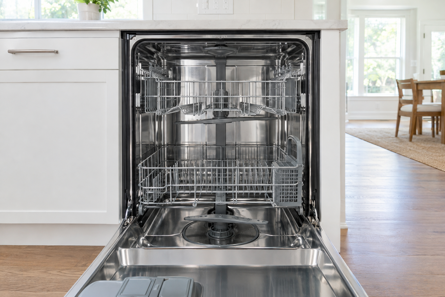 Clean dishwasher interior with gleaming stainless steel tub, clear spray arms, and empty racks in a bright kitchen