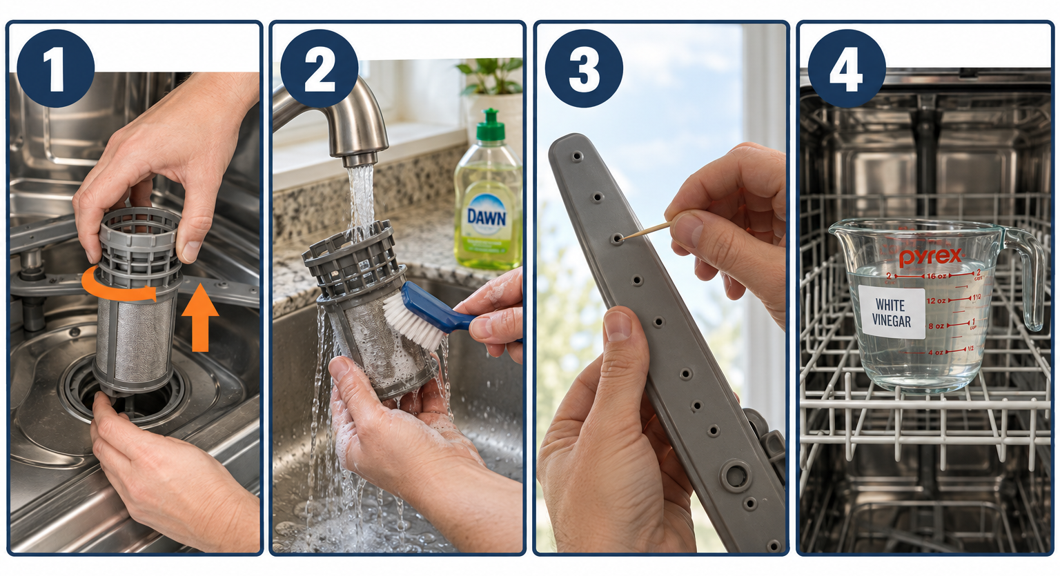 Cleaning a dishwasher in four steps: removing the filter, scrubbing it, clearing spray arm holes, and running a vinegar cycle