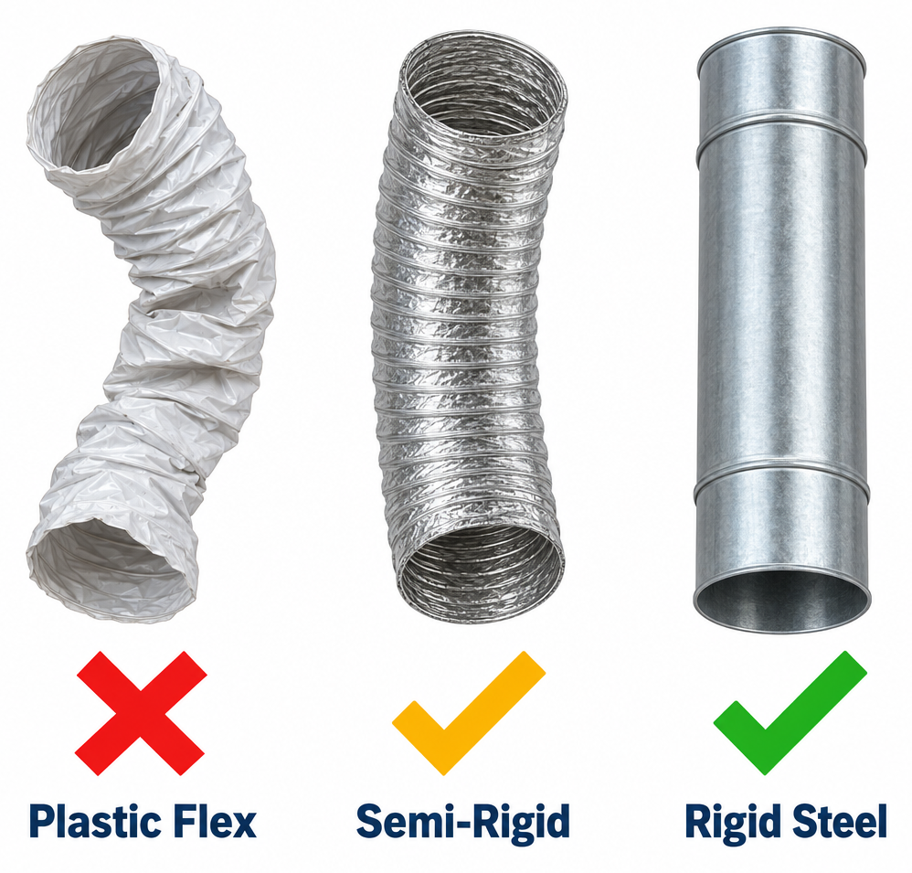 Dryer transition duct types compared: plastic flex, semi-rigid aluminum, and rigid steel