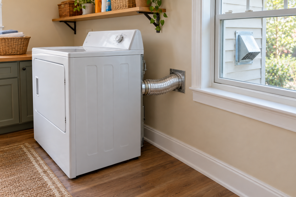 Clean dryer vent and exhaust duct with strong airflow restored in a laundry room