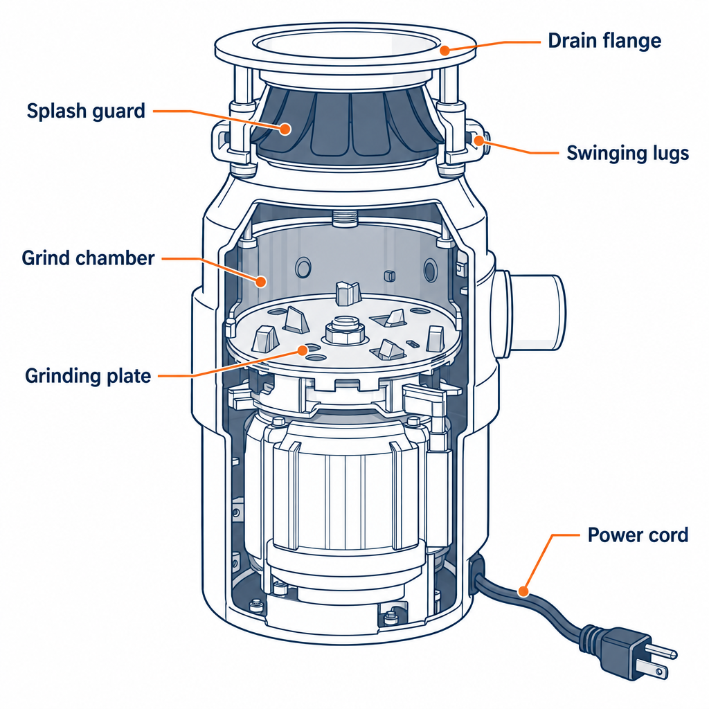 Labelled diagram of garbage disposal parts including splash guard, grind chamber, grinding plate, and swinging lugs