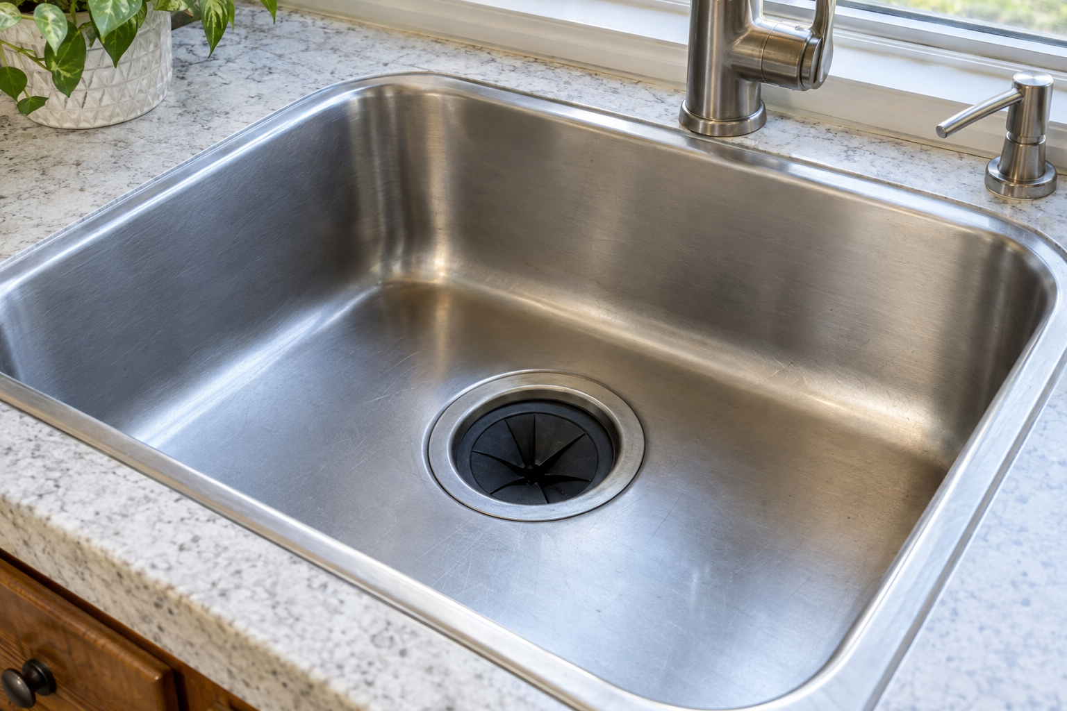 Clean stainless kitchen sink with garbage disposal drain opening visible in natural light