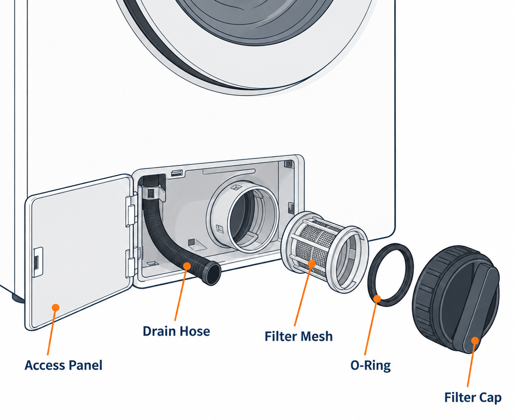Labelled diagram of front-load washing machine drain pump filter parts