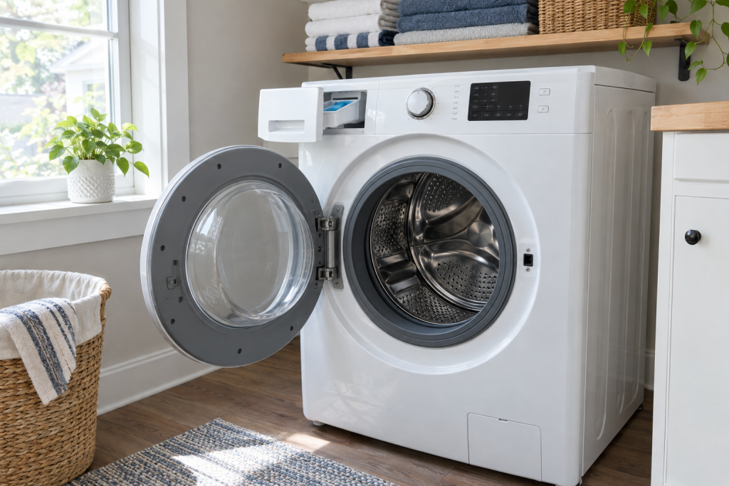 Clean front-load washing machine with open door showing fresh white drum in a bright laundry room