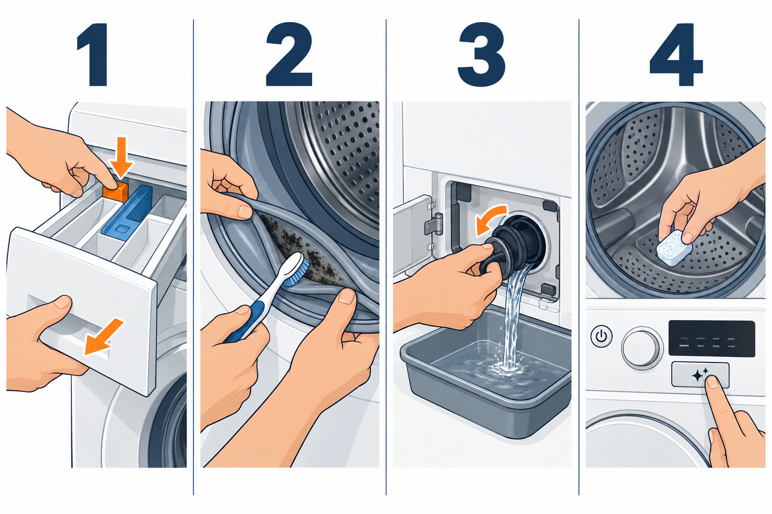 Cleaning a washing machine in four steps: pull drawer, scrub gasket, empty pump filter, run hot cycle