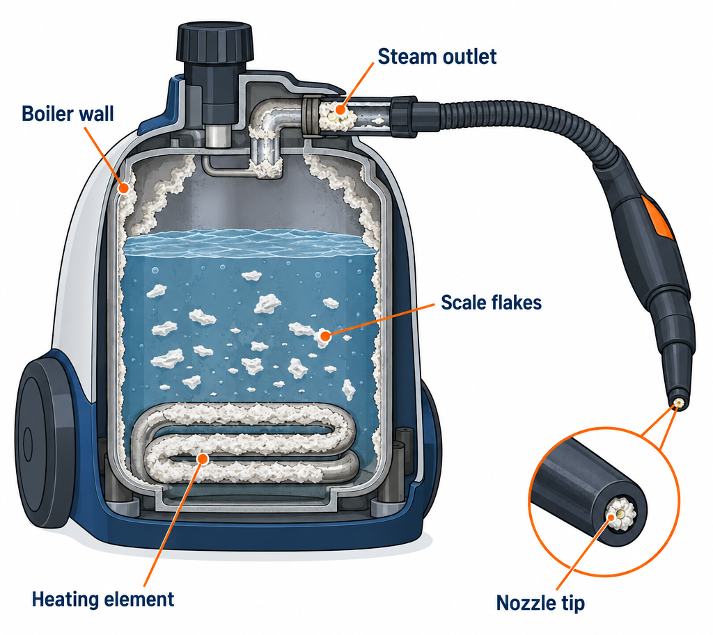 Labelled diagram of mineral scale build-up inside a steam cleaner boiler and nozzle