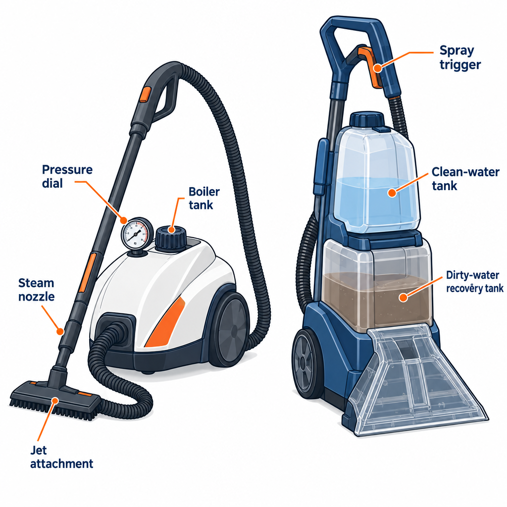 Dry-vapor steam cleaner versus hot-water carpet extractor parts diagram