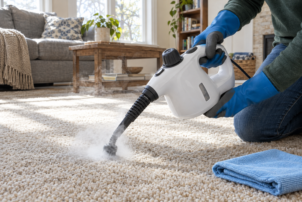 Handheld steam cleaner sanitizing a carpet spot in a bright living room