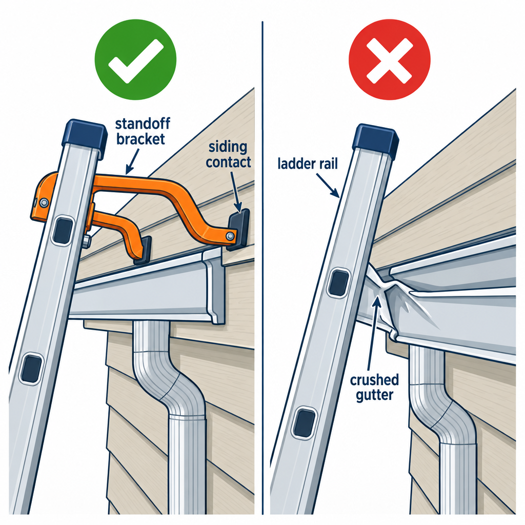 Ladder standoff bracket positioned correctly versus ladder leaning directly on aluminum gutter