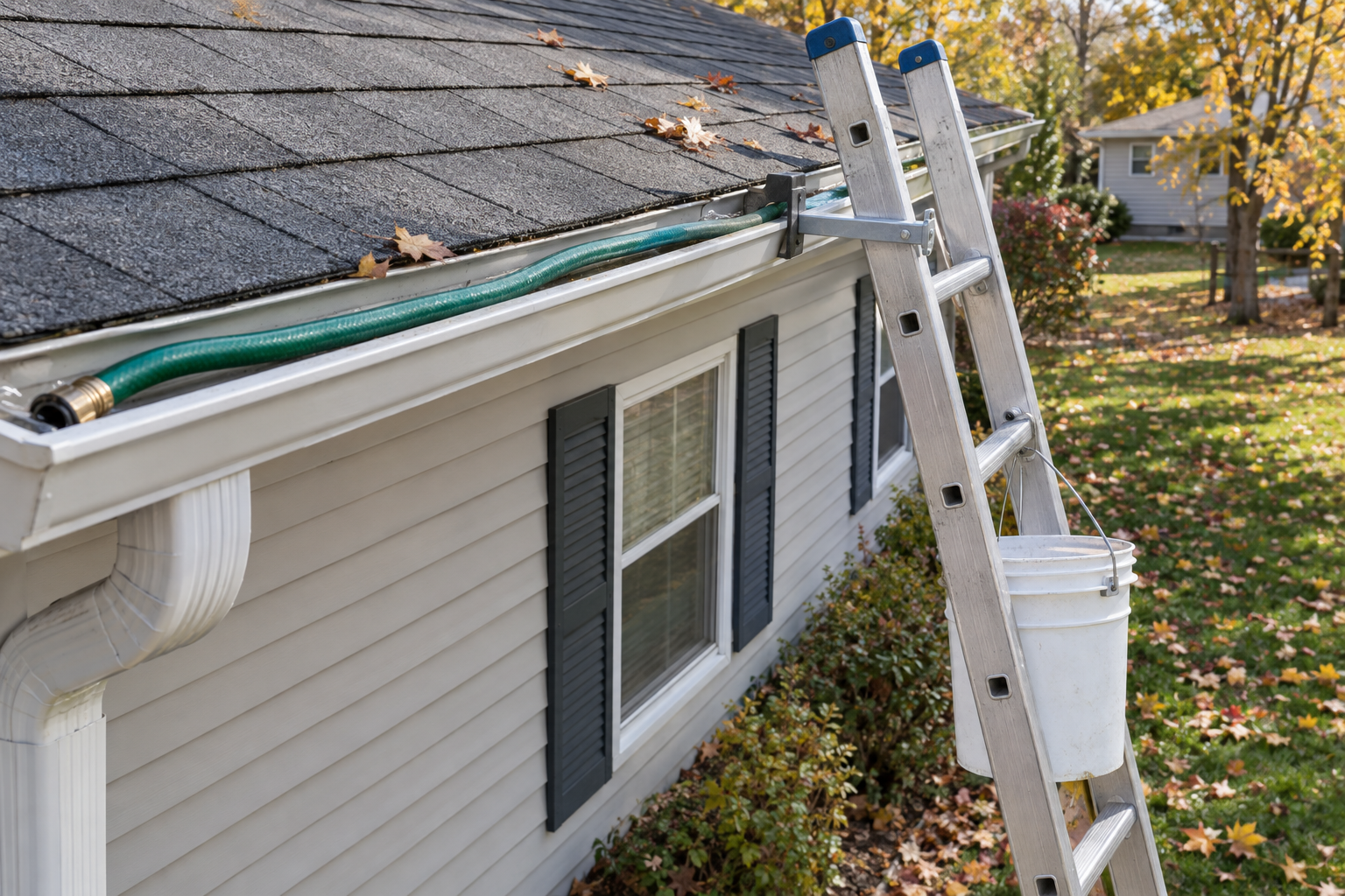 Clean gutters on a single-story house after debris removal on a sunny day