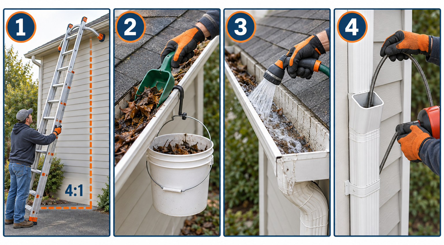 Cleaning rain gutters in four steps: ladder setup, scooping debris, flushing with hose, clearing downspout
