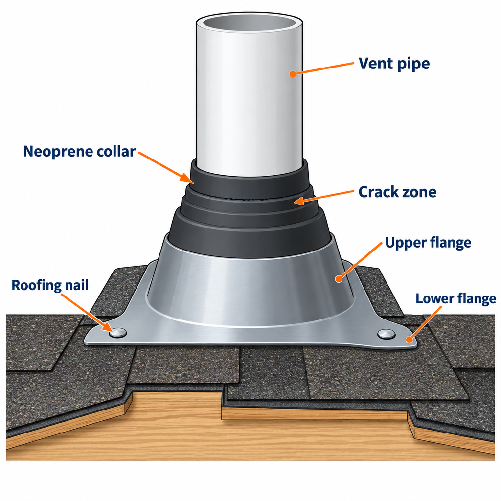 Labelled diagram of a roof pipe boot showing flange, neoprene collar, pipe, crack location, and nail positions