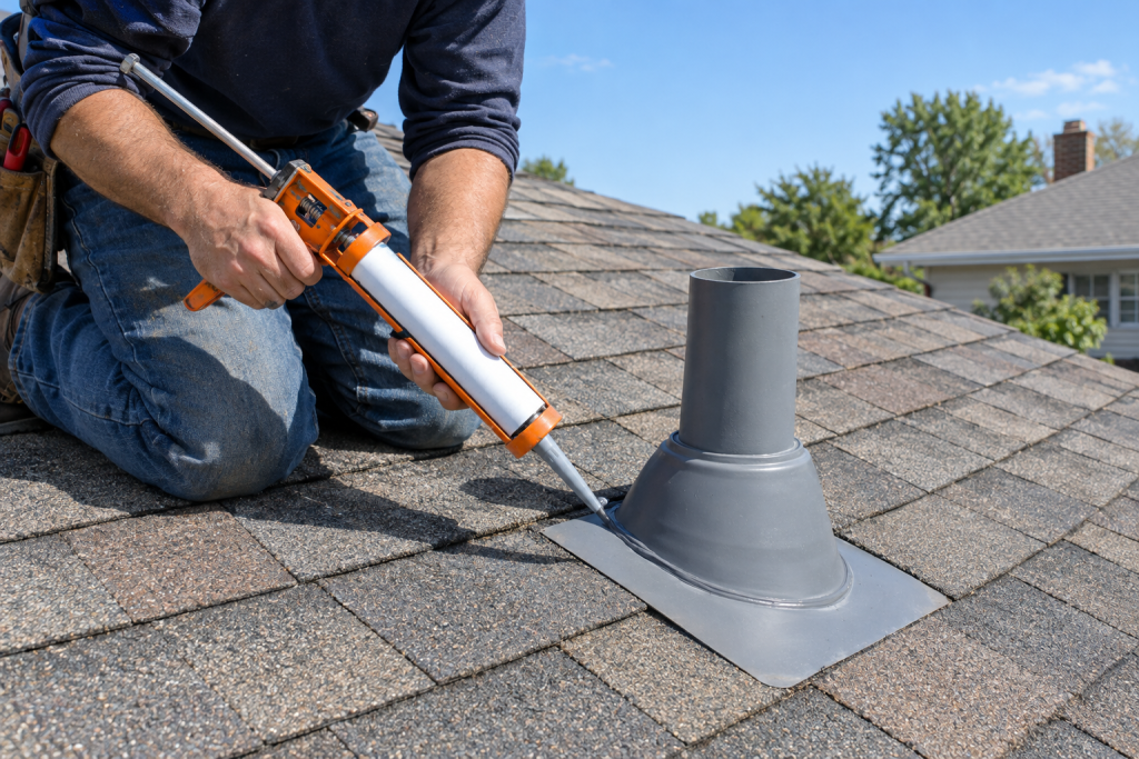 Homeowner sealing a pipe boot on a residential asphalt shingle roof on a sunny day