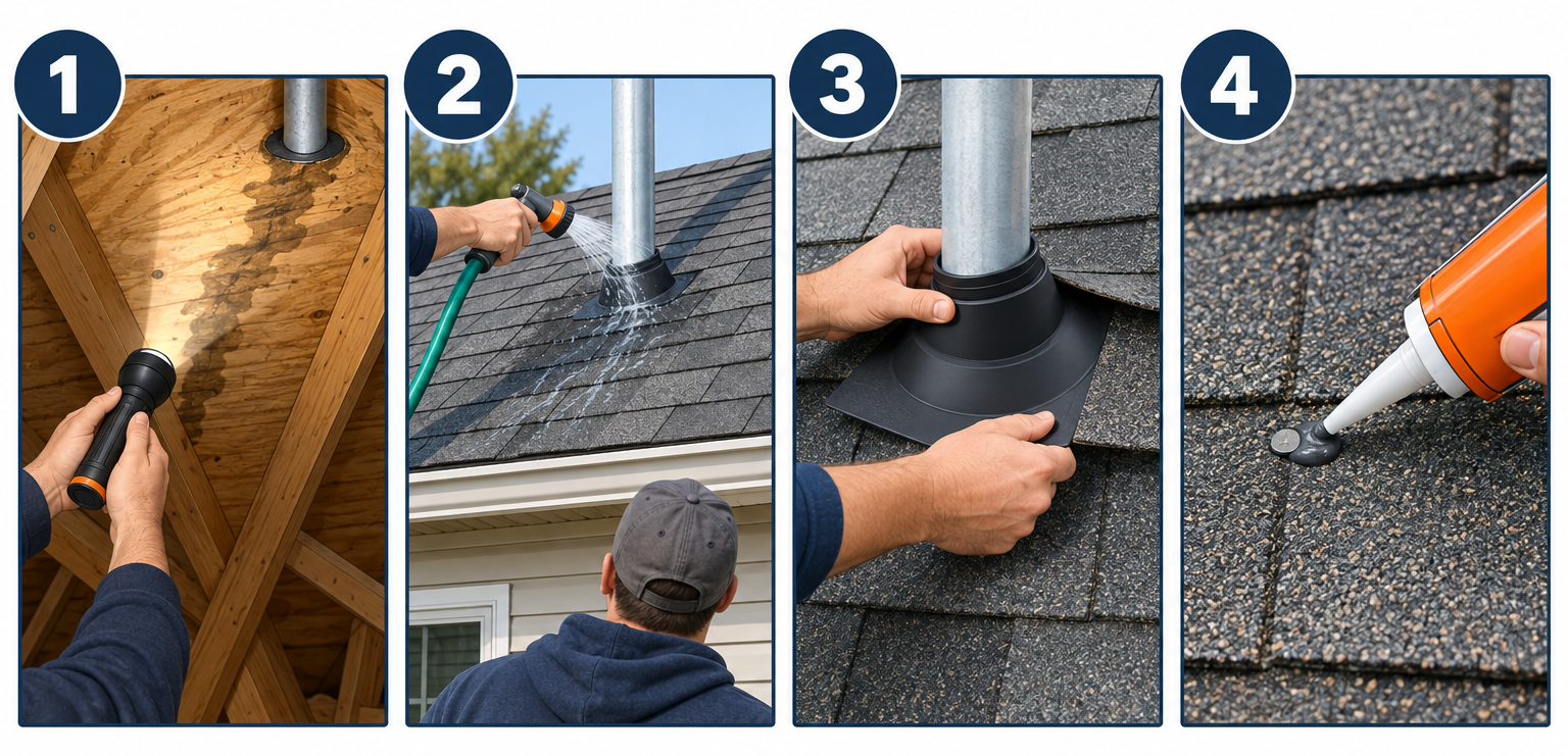 Finding and fixing a roof leak in four steps: attic inspection, hose test, pipe boot replacement, and sealing nail heads