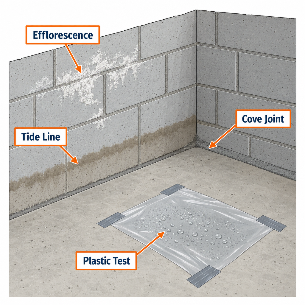 Basement moisture problem indicators: efflorescence, cove joint seepage, plastic-test condensation, and tide line on wall