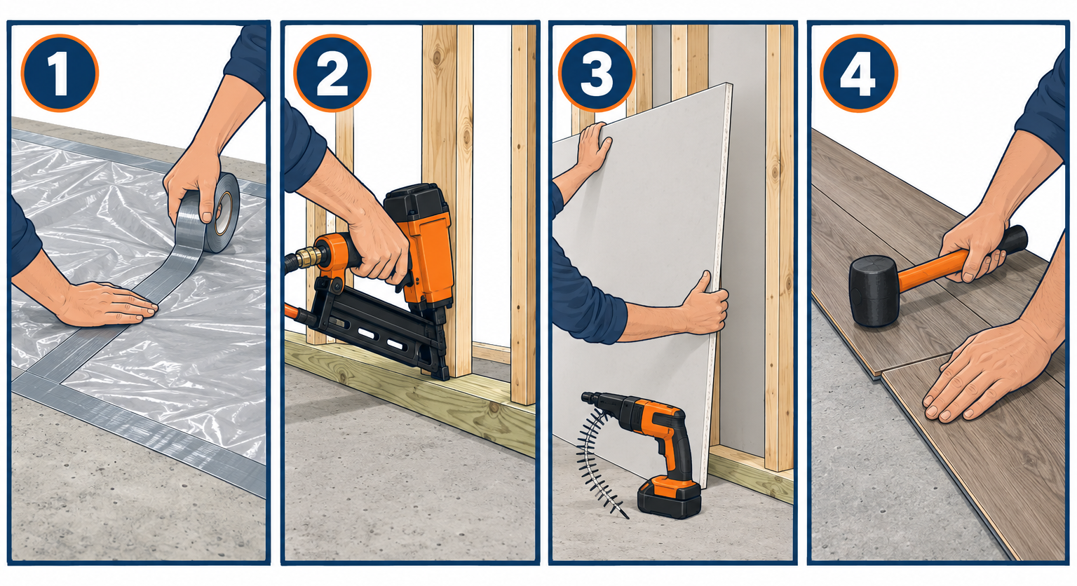 How to finish a basement in four key steps: moisture test, framing, drywall, and flooring