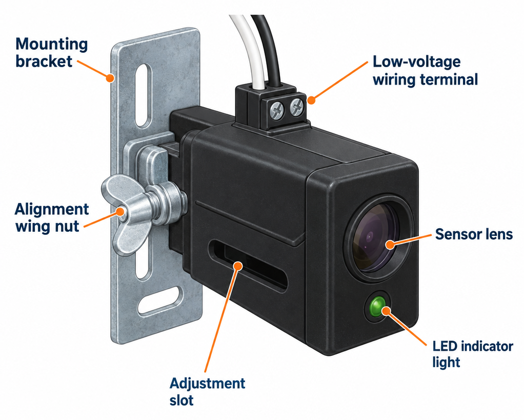 Garage door safety sensor parts diagram showing mounting bracket, LED indicator, lens, wiring terminals, and alignment wing nut