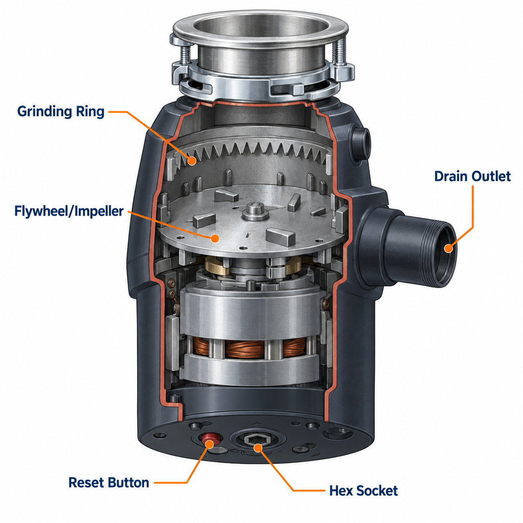 Garbage disposal parts diagram showing reset button, hex socket, impeller, and drain outlet