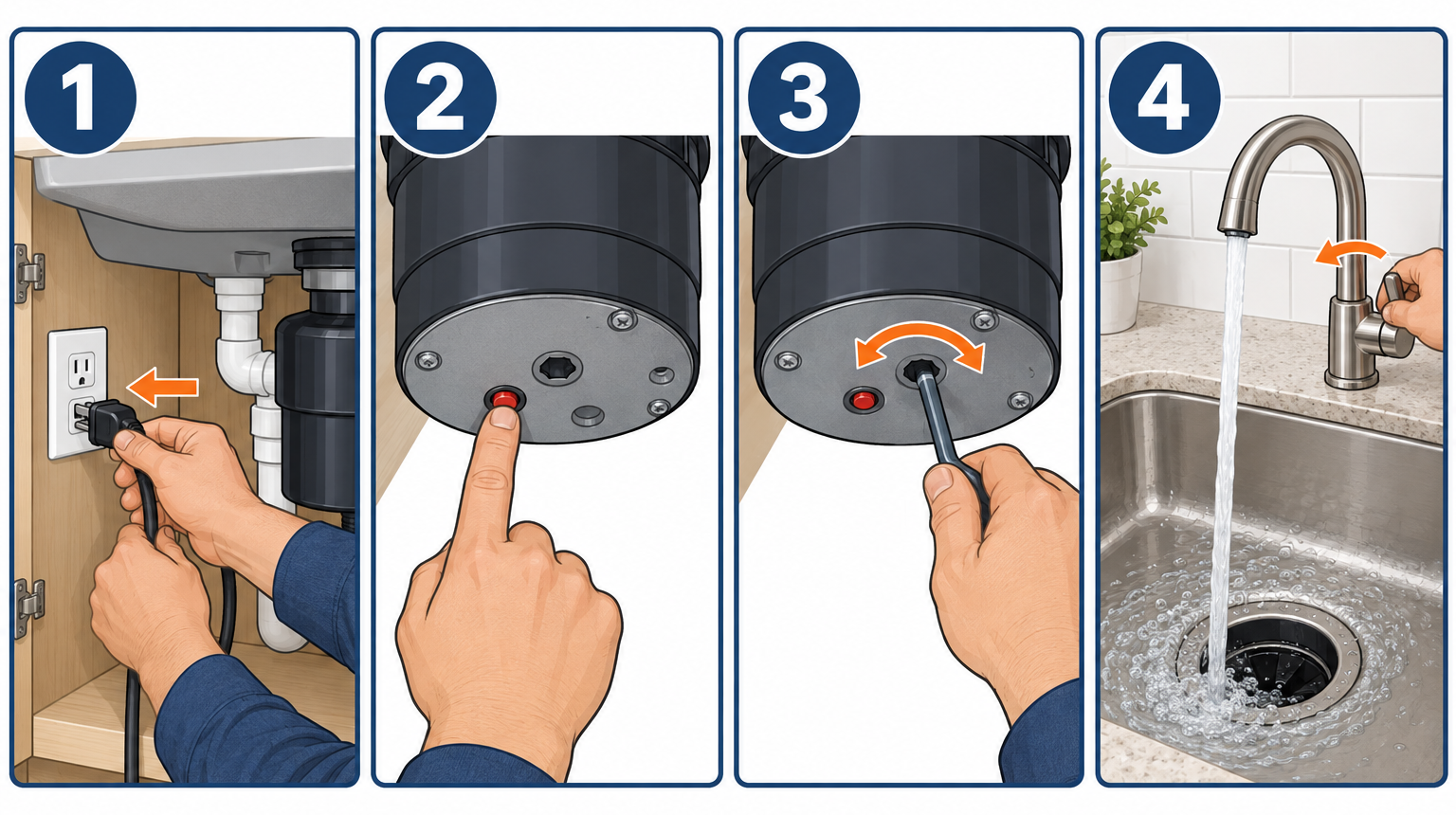 Fixing a garbage disposal in four steps: unplug, reset, hex-key jam, and test