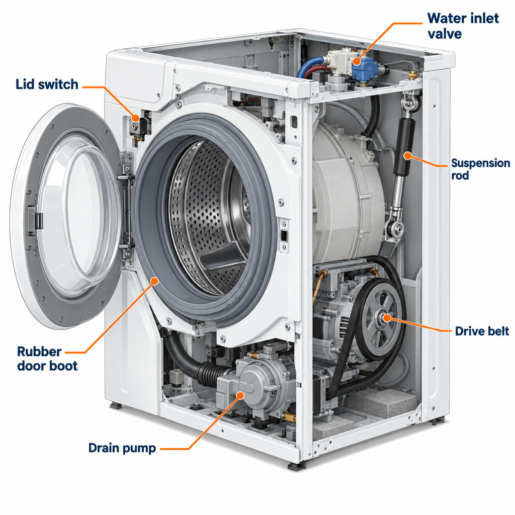 Labelled diagram of common washing machine parts: lid switch, drain pump, inlet valve, drive belt, door boot, and suspension rods