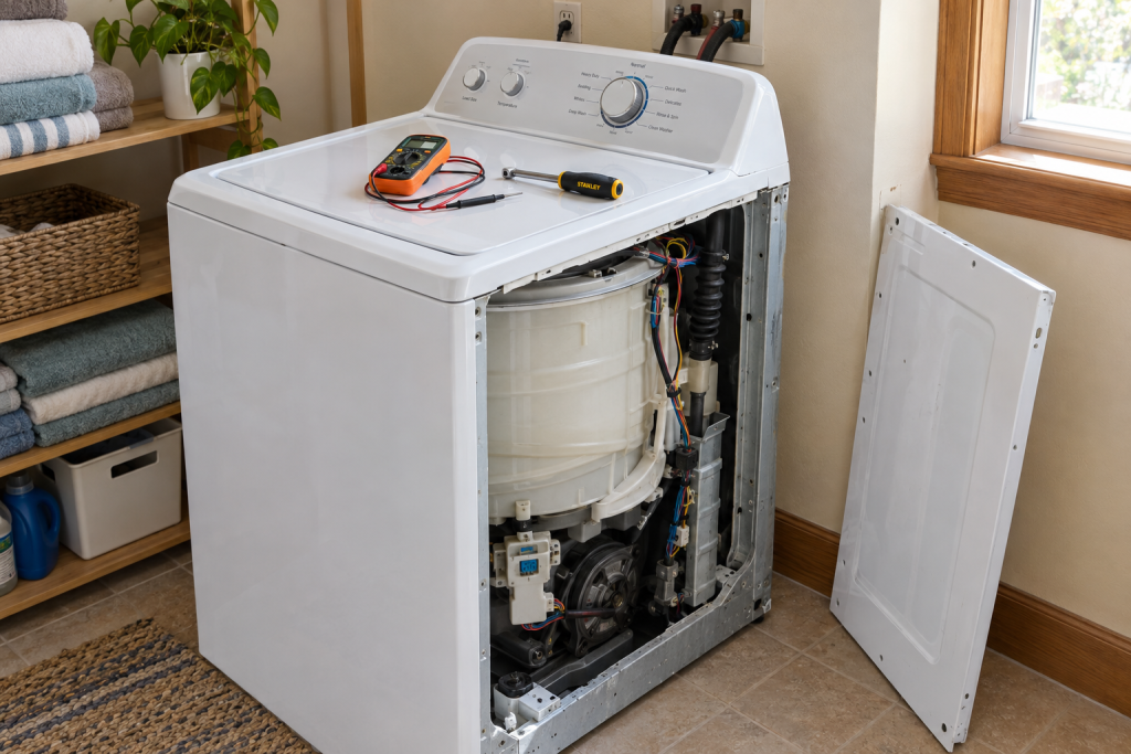Homeowner repairing a top-load washing machine in a bright laundry room