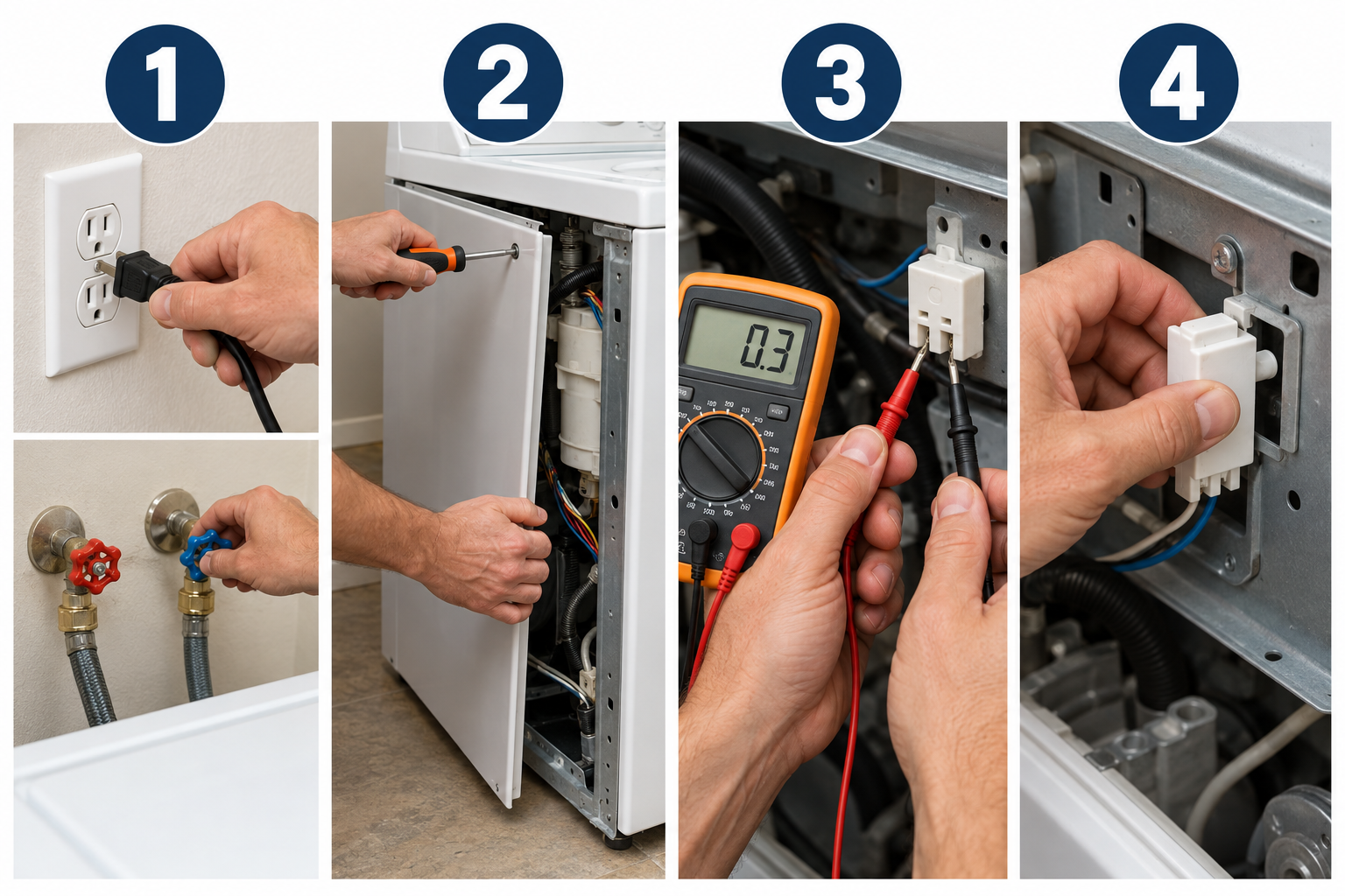 Fixing a washing machine in four steps: unplug, diagnose, test with multimeter, swap the part