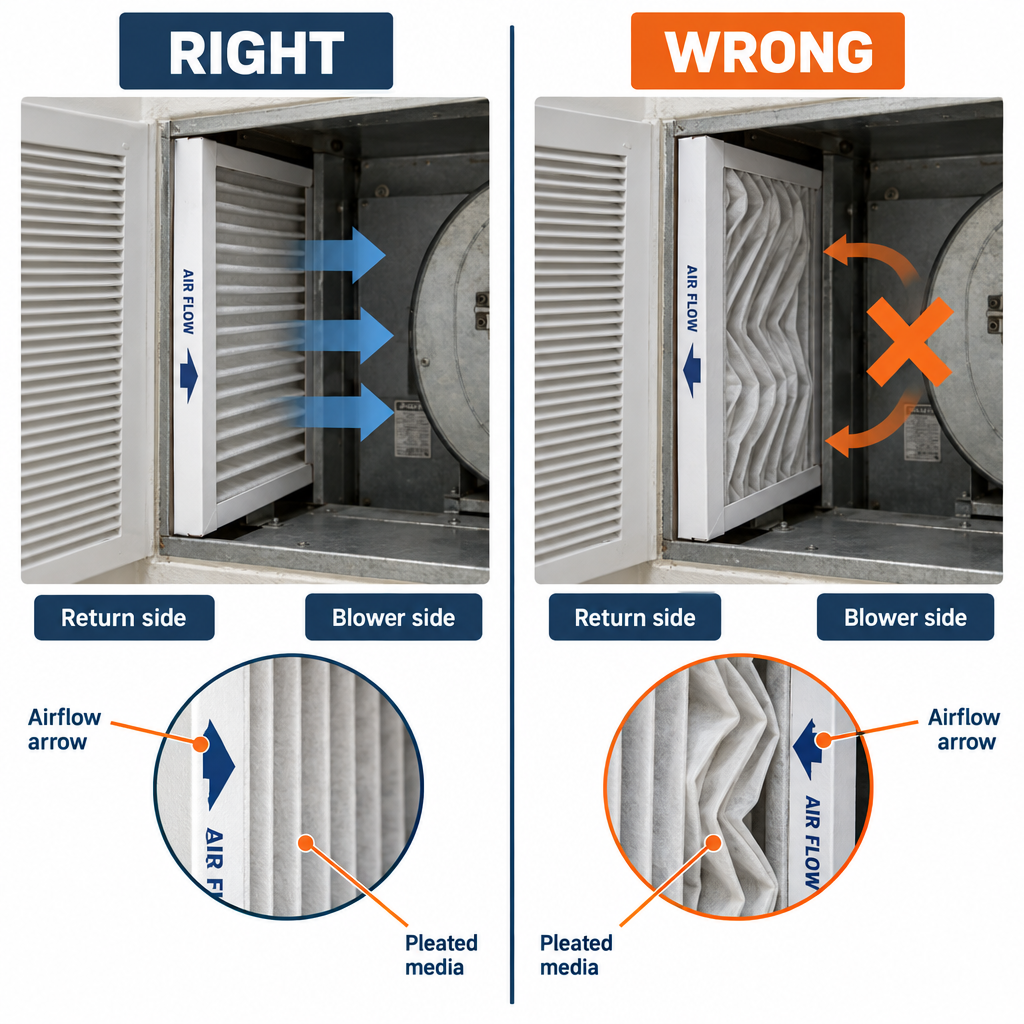 Right vs wrong air filter installation showing correct airflow arrow direction and incorrect reversed filter