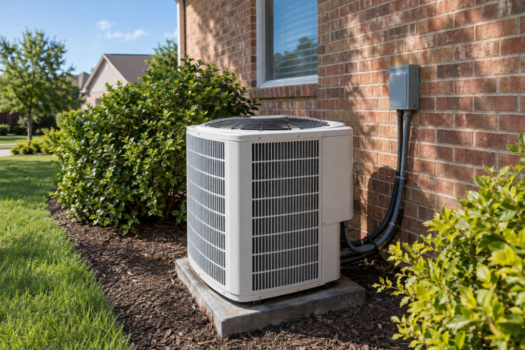 Central air conditioner running normally outside a suburban home on a sunny day