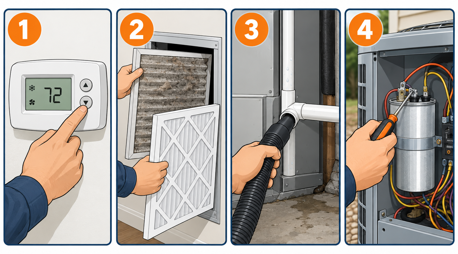 Fixing an air conditioner in four steps: thermostat check, filter replacement, drain line clearing, and capacitor swap