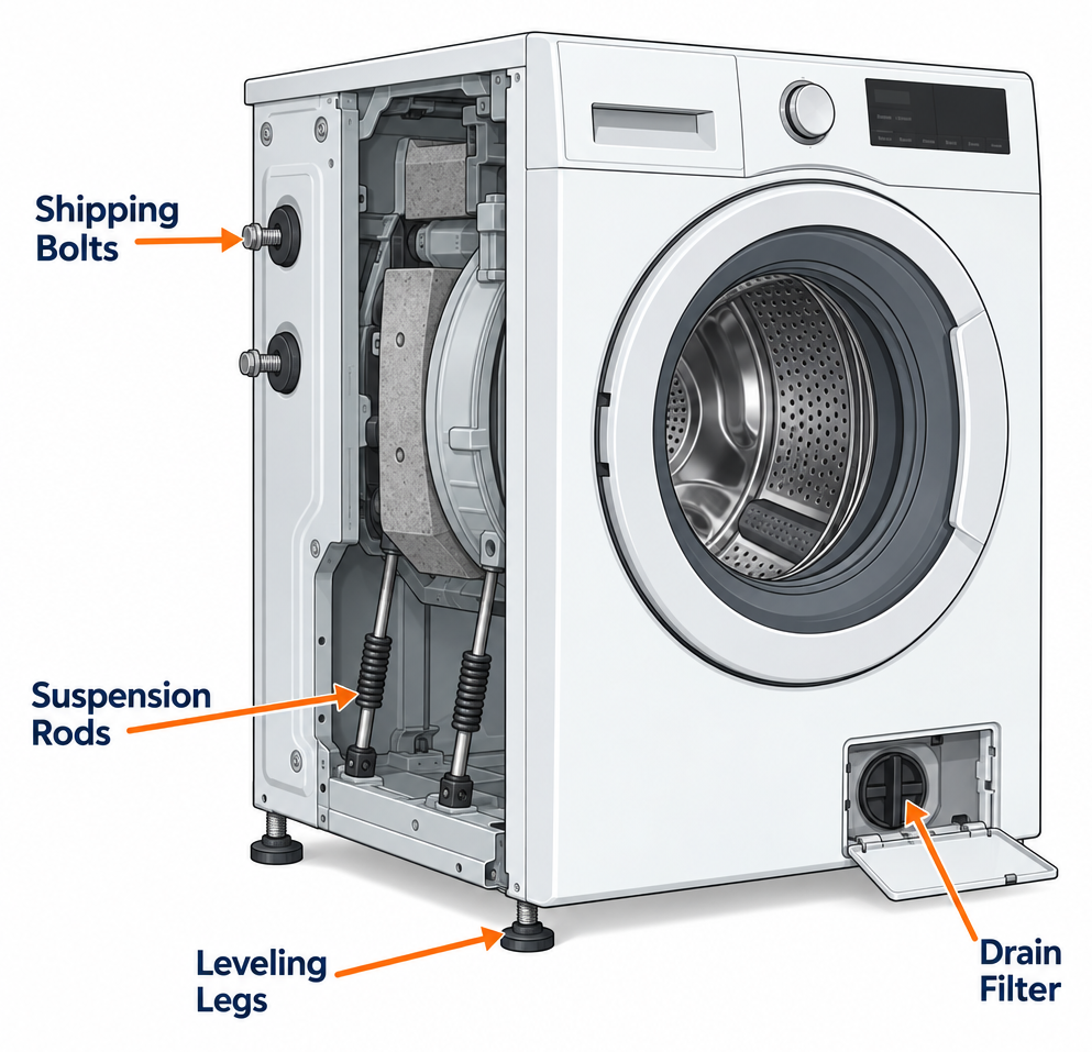 Washing machine imbalance causes diagram with labelled parts